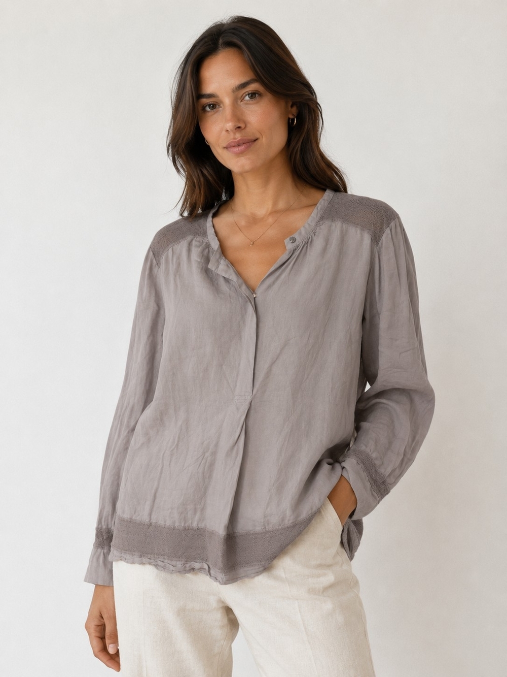 Pomandére Relaxed V-Neck Long-Sleeve Blouse in Soft Gray
